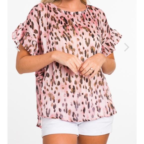 Umgee Metallic Cheetah Print Pink Brown Gold Ruffle Boho Glam Top Size Small - Picture 1 of 10